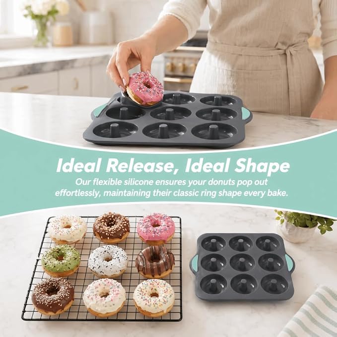 Limen Silicone Donut Baking Mould Tray, 9-Cavity Non-Stick Ring Cake Pan with Center Posts and Dual Side Handles for Oven Baking 11.5x10.12 in(Grey)