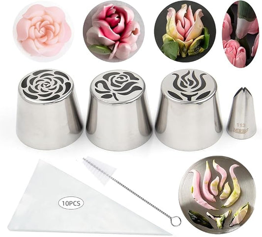 15 Pieces Extra Large Cake Decorating Russian Flower Piping Tips Set, 3 XXL Russian Piping Tip, 1 Leaf Piping Nozzles,10 Disposable Pastry Bags with 1 Cleaning Brush for Cake Decorations