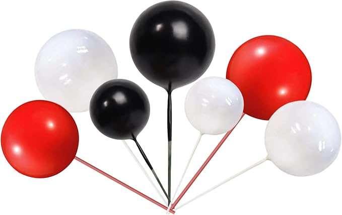 24 PCS Colorful Balls Cupake Toppers Mini Balloon Cake Toppers DIY Foam Ball Cake Insert Decoration for Wedding Anniversary Baby Shower Birthday Party Decorations Supplies Black White Red