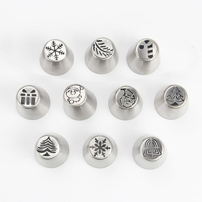 10PCS Christmas Russian Icing Tips Set, Stainless Steel Piping Nozzles for Cake, Cupcake Cookie Decorating – Includes 10 Creative Festive Frosting Tips with Christmas Designs