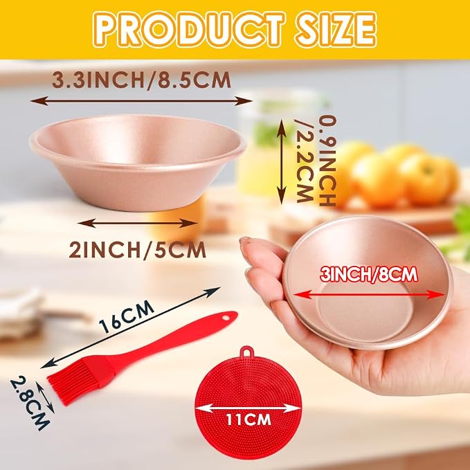 8 Pack Egg Tart Molds, Non-Stick Tartlets Dessert Mold Pans, Mini Tiny Pie Carbon Steel Muffin Tins, Cupcake Pans w/Oil & Dish Brushes for Cakes, Cookies, Quiche, Gold