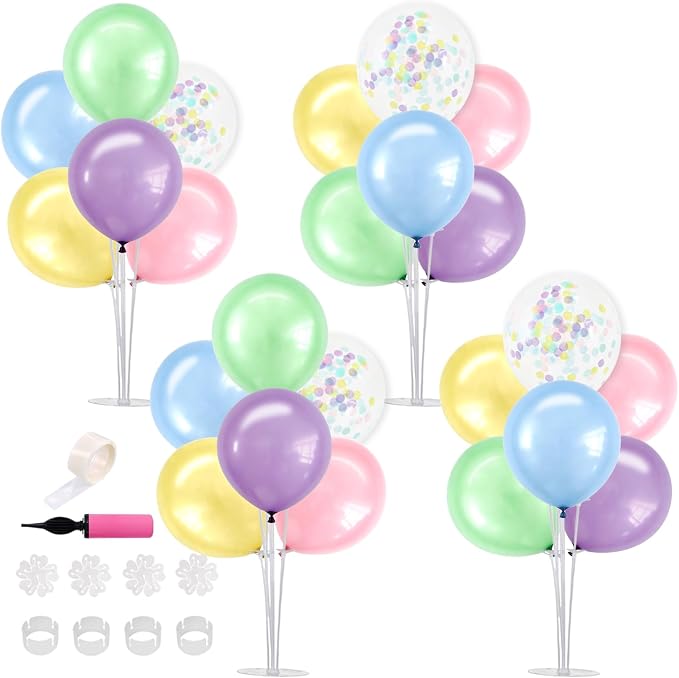 TONIFUL 4 Set Spring Macaron Theme Balloon Centerpieces for Table,Balloon Stand Kit for Kid Party Decor,Birthday Decorations Baby Shower Gender Reveal Engagement Easter Bridal Shower