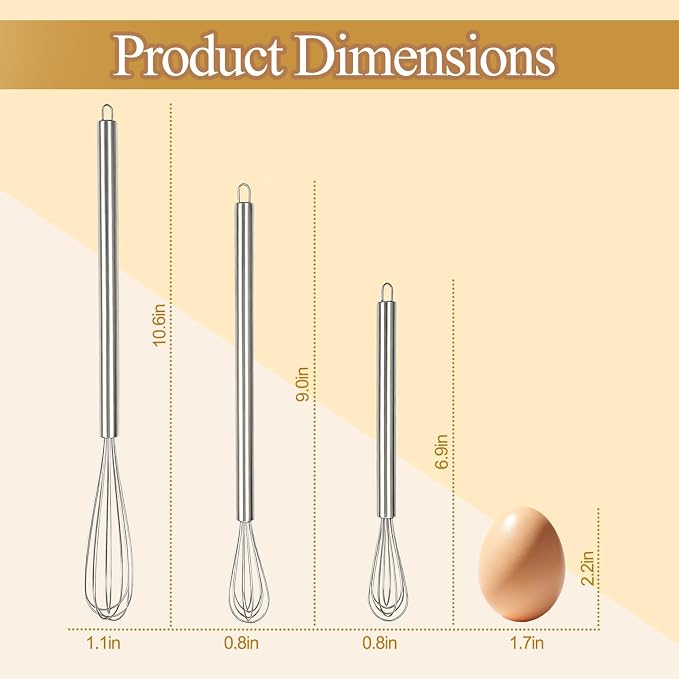 Whisks for Cooking, 3 Pack Mini Whisk for Whisking, 7"+9"+11" Tiny Stainless Steel Wire Whisk Set for Baking, Blending Eggs & Sauces, Heavy Duty Rust Proof