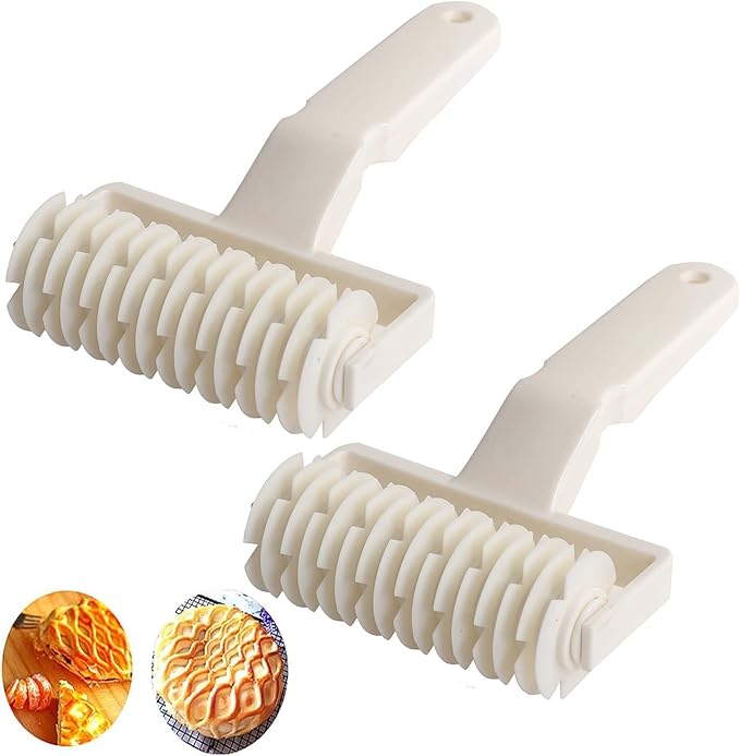 2 Pack DelloidMaz Pastry Lattice Roller Cutter, Pie Pizza Cookie Dough Lattice Roller Cutter, Household Baking Tool, Plastic, White