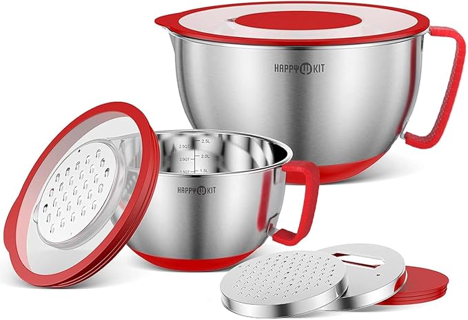 HAPPY KIT 304 Mixing Bowls with Lids Set of 2,Stainless Steel Mixing Bowl with Pour Spout, Non-slip Handle and Bottoms, 3 Grater Attachments, Measurement Marks & Lid, Size 5QT, 3QT(Red)