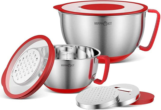 HAPPY KIT 304 Mixing Bowls with Lids Set of 2,Stainless Steel Mixing Bowl with Pour Spout, Non-slip Handle and Bottoms, 3 Grater Attachments, Measurement Marks & Lid, Size 5QT, 3QT(Red)