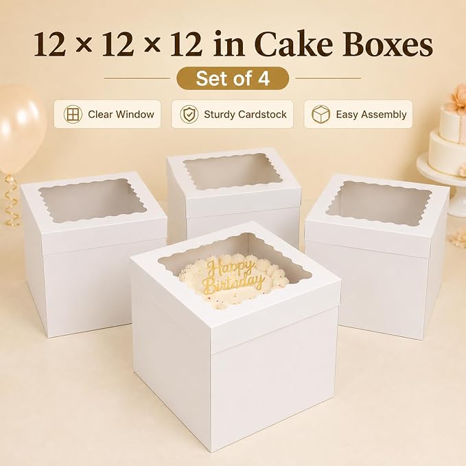 JCD 12x12x12 Corrugated Tall Cake Boxes for 10in Multi Layer Cakes with Clear Window