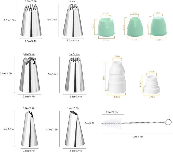 18Pcs Large Piping Tips and Couplers Set for Piping Bgs, Stainless Steel Cake Decorating Piping Tips for Cupcake Puff Cookie - 2Pcs Cleaning Brush