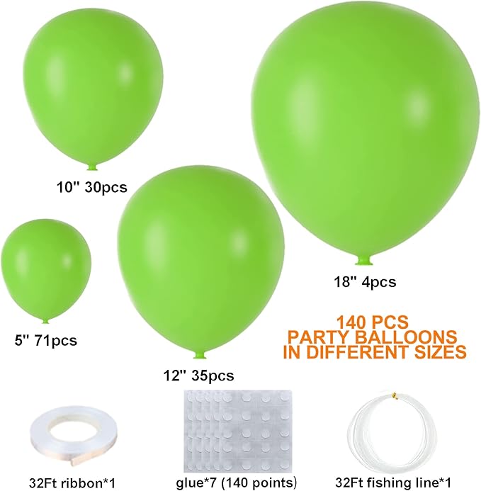 Bonropin 140Pcs Lime Green Balloons Light Balloon Garland Arch Kit 5/10/12/18 Inch Matte Latex Different Sizes as Baby Shower Birthday Jungle Dinosaur Theme Party Decorations