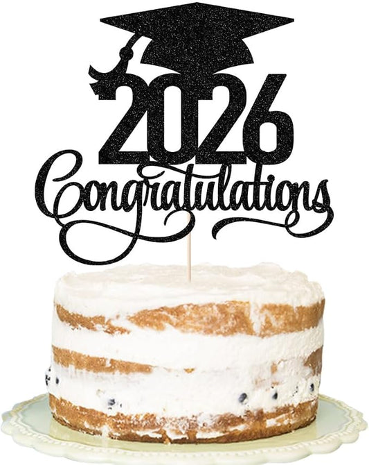 Black Glitter 2026 Congratulations Graduation Cake Topper,Congrats Grad Cake Decor - 2026 High School/College/Senior Graduation Party Decorations Supplies (2026Congratulations black)