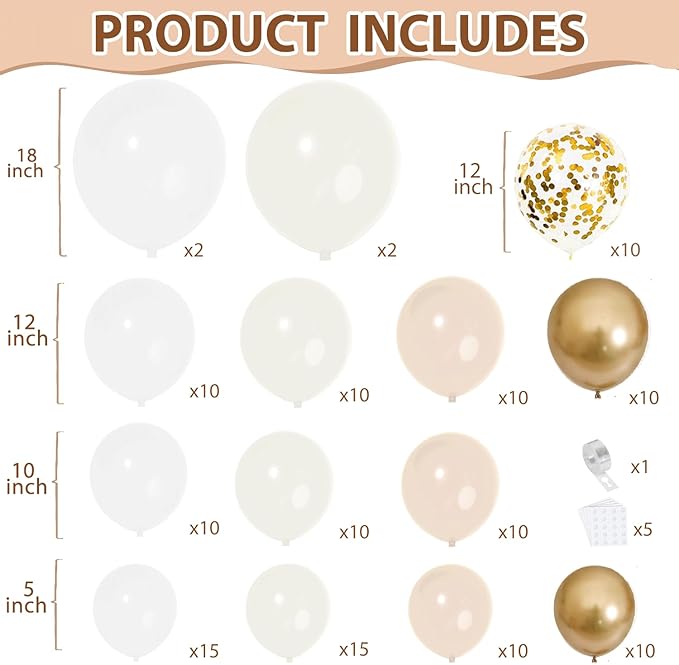 Sand White Gold Balloon Arch Kit,Light White Ivory Beige Nude Balloons and Chrome Gold with Confetti Balloon Garland for Neutral Birthday Wedding Engagement Bridal Shower Boho Party Decorations
