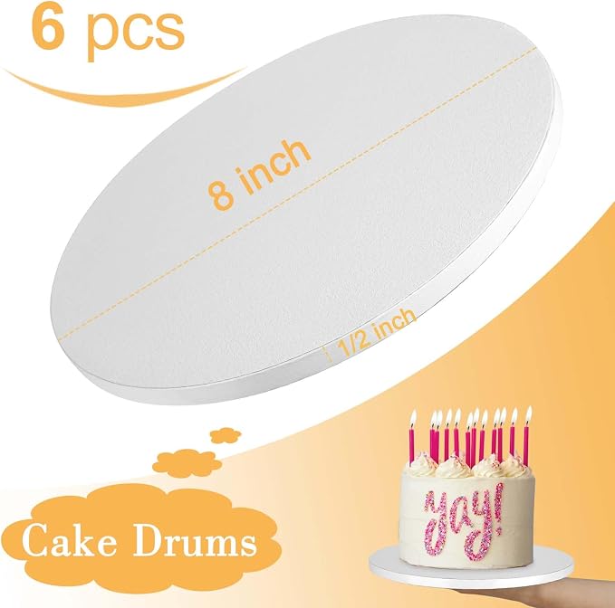 6 PCS Cake Drums 8 Inch, 8inch Drum, Cake Boards 8 Inch Round, 1/2" Thick Cardboard, Sturdy Circle, Base para Pastel Cardboard Base White Cake Boards for Wedding