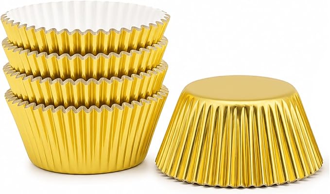 100 Gold Foil Cupcake Liners, Muffin Liners or Baking Cups for Desserts, Muffins, Cupcakes and More Treats; Grease Proof, No Smell, Food Grade, Nut Serving Containers (Gold 100)