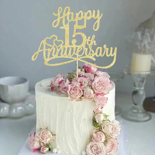 Sleyberoy Glitter Happy 15th Anniversary Cake Toppers -Wedding Anniversary Party Decorations, 15th Wedding Anniversary, Company Anniversary Party, Birthday Party Decorations