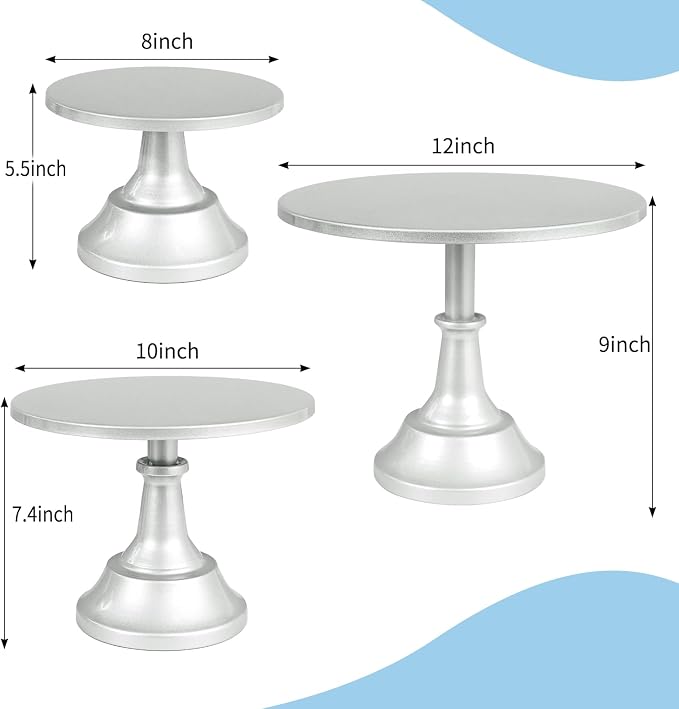 3 Pcs Cake Stand Set Metal Round Cake Holder Cupcake Stands 8/10/12 inch Silvery Dessert Display Stands Dessert Table Decorations for Birthday Parties, Baby Shower,Wedding Banquets and Anniversary