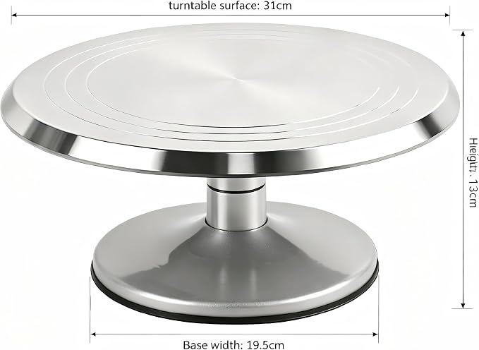 12-Inch Aluminum Alloy Cake Turntable, Rotating Cake Decorating Stand with Non-Slip Detachable Base & Concentric Marking Circles, Smooth 360° Rotation for Baking, Model Coloring, Display (Silver)