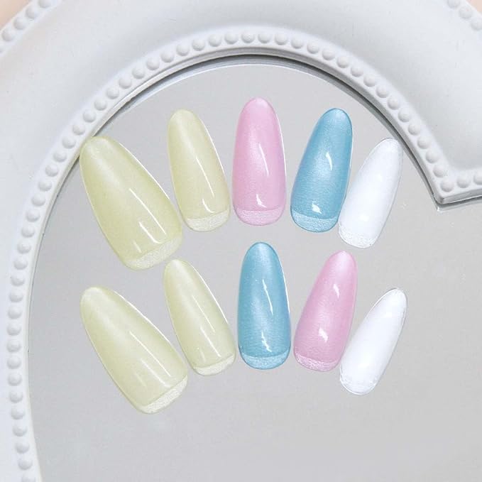 30Pcs Press on Nails Short Almond ZWENJIE Cat Eye Fake Nails Press ons Nail Tips Stick on Nails Glitter Tip Acrylic Nails Kit French False Nails with Rhinestone Design Nail Art for Women Manicure