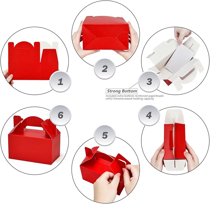 Aosric Small Red Gable Boxes 3.5 x 3.5 x 6.3 In, 30 Pack | Premium Cardstock Favor Boxes with Handles for Christmas, Valentine's Day, Holiday Parties, Candy, Cookies & Gift Packaging