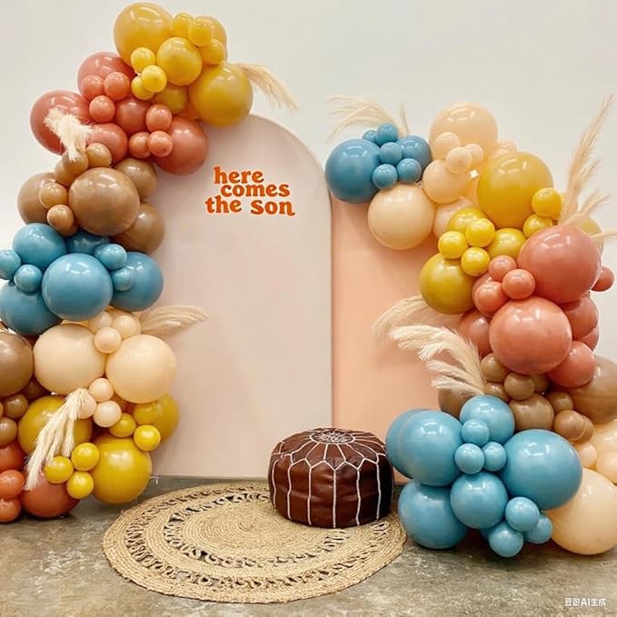 Here Comes the Son Balloon Arch Kit, Retro Blue Yellow Boho Balloon Garland with Mustard Yellow Pastel Blue Sand White Coffee Balloon for Fall Colorful Baby Shower First Birthday Party Decoration