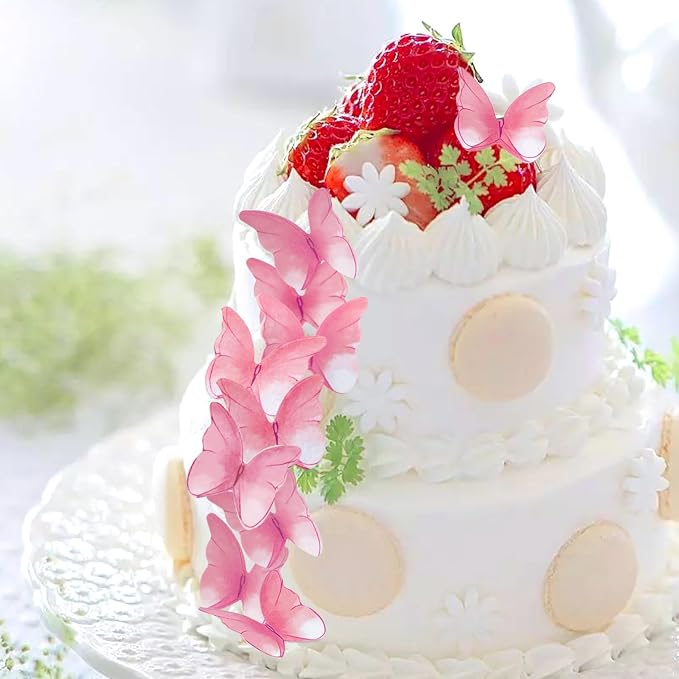 52 pieces edible wafer paper butterfly cake decoration, suitable for weddings, birthdays, Christmas parties to decorate cookies, donuts, cocktails, cupcake tops (Watercolor pink)