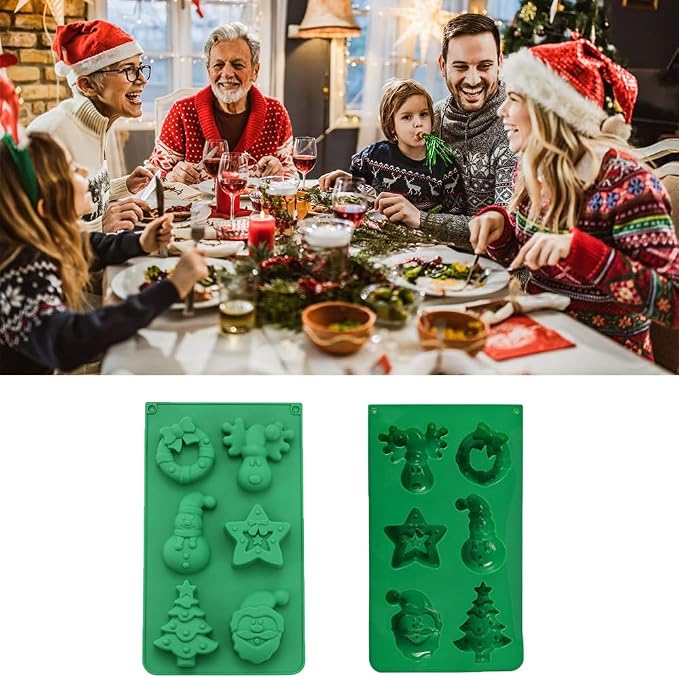 6 Cavities Silicone Cookies Biscuit Mold, Christmas Halloween Candy Mold, Reusable DIY Baking Mold Jelly Chocolate Mold, Ice Cube Tray Wax Melt Molds(Set of 2 Green Star and Elk)