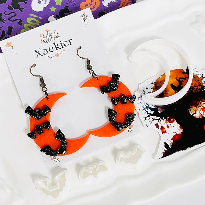 Xaekicr Halloween Moon Bat Polymer Clay Cutters Set – 4pcs Clay Earring Cutters for DIY Polymer Clay Jewelry Making, Clay Tools and Molds for Earrings