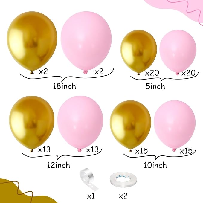 Pink and Gold Balloon Arch Kit, 100pcs Metallic Gold Pastel Macaron Pink Balloon Garland Kit with Different Sizes 18/12/10/5 inch Balloons for Baby Shower Wedding Girls Women Birthday Party Decoration