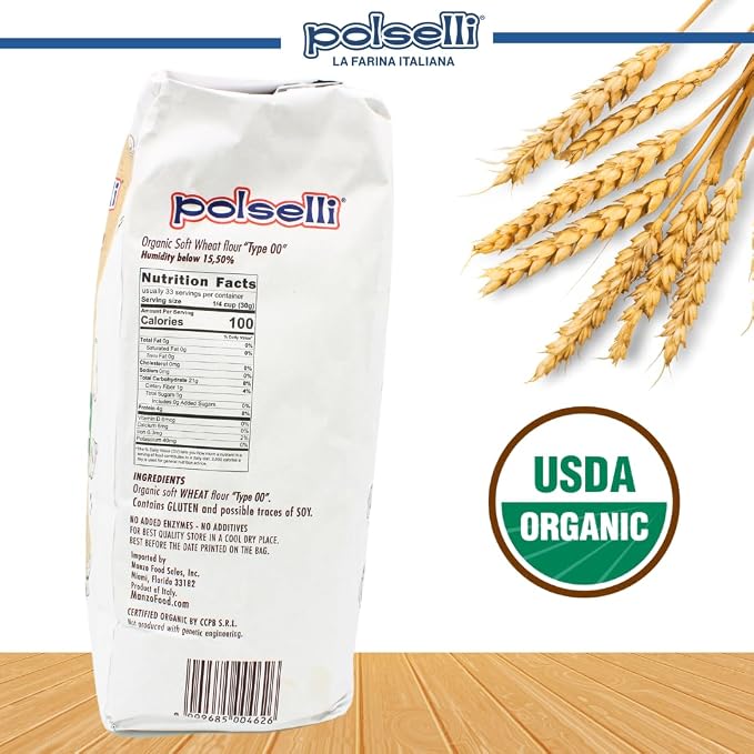 POLSELLI Organic Flour, Type 00, 100% Italian Grain Double Zero Flour, 5 kg | Extra Fine "00", Organic Wheat Flour For Neapolitan Pizza, Pasta And Bread; All-Natural, Unbleached, Unbromated, No Additives