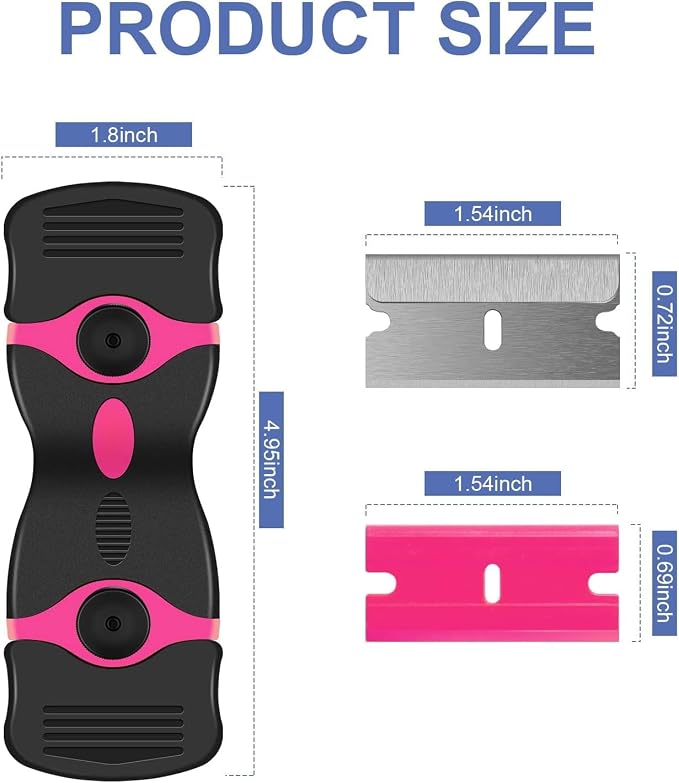 DEKEones Razor Blade Scraper, Double Edged Razorblade Scraping Tool with 10 Pcs Razor Blades, Paint Scraper for Glass, Decals, Tint, Stickers, Labels, Caulk, Adhesive(Pink)