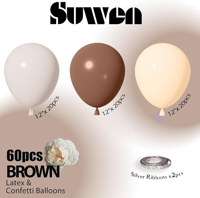 SUWEN Brown Balloons 60Pcs,12 inch Dark Light Brown and Sand White Latex Balloons for Boho Neutral Birthday Thanksgiving Teddy Bear Party Decorations