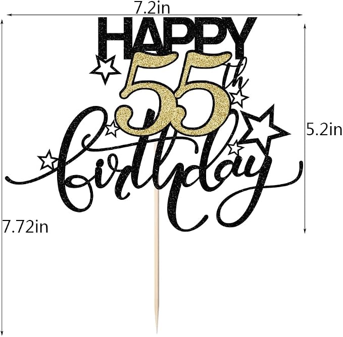Happy Birthday Cake Topper,Black font Golden Numbers 55th Birthday Cake Decoration，Hello 55, Cheers to 55Years/55th Anniversary ，55& Fabulous Party Decoration
