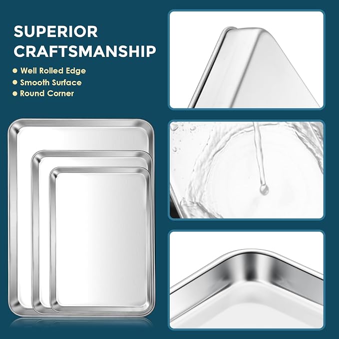 E-far Stainless Steel Baking Sheet Set of 3, 12.4”/10.5” /9.4” Cookie Sheet for Oven, Rimmed Metal Tray for Cooking Baking Bacon, Non-toxic & Dishwasher Safe