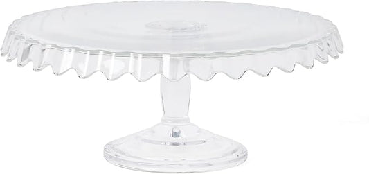 Martha Stewart Watercrest Glass Cake Stand, 10.2 Inch Footed Pedestal Cake Plate with Scalloped Ruffled Edge, Clear Handmade Glassware for Weddings, Parties, and Dessert Display