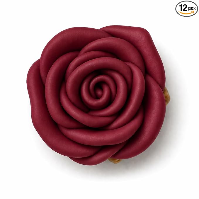 Confect Edible Deep Burgundy Rose Toppers – Edible Roses for Cake & Cupcake Decorations, Perfect for Weddings & Special Occasions- Vegan, Gluten-Free, Dairy-Free, Palm Oil-Free - Pack of 12