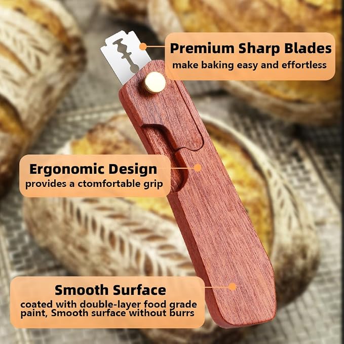 Bread Lame Dough Scoring Tool and 15 Razor Blades, Upgraded Wooden Dough Scorer Knife with 2 Magnetic for Convenient Storage, Bread Scorers Tool for Breads Baking, Homemade Bread（Black Walnut）
