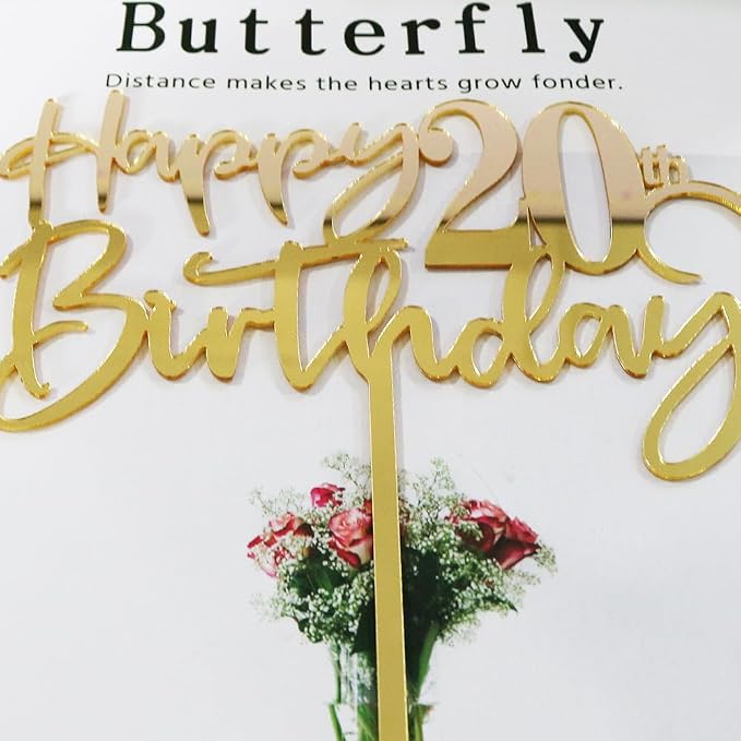 Happy 20th birthday cake Topper,Mirrored Gold Acrylic Durable Cake Topper,20th Birthday Party Cake Decorations,Hello 20th years old, Happy twenty years old, Birthday Party Decorations