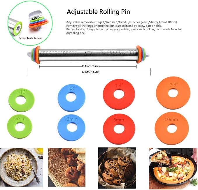 Rolling Pin, MELOP Adjustable Roller Pin with 4 Size Removable Thickness Rings + Oil Brush for Baking Dough, Pizza, Pie, Pastries, Pasta and Cookies, 17inch Stainless Steel