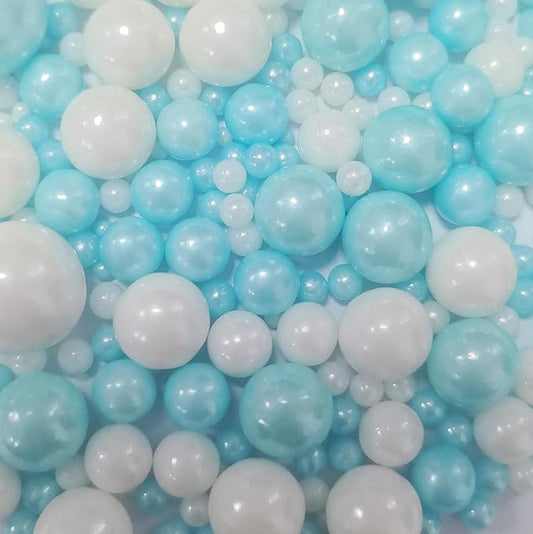 Edible Blue White Pearl Sprinkles for Cake Decorating, Mixing Light Blue and White Size Candy Baking Decorations Cake Cupcake Toppers Cookie Celebrations Wedding Valentines Baby Shower Frozen Themed Birthday Supplies 120g/ 4.23oz