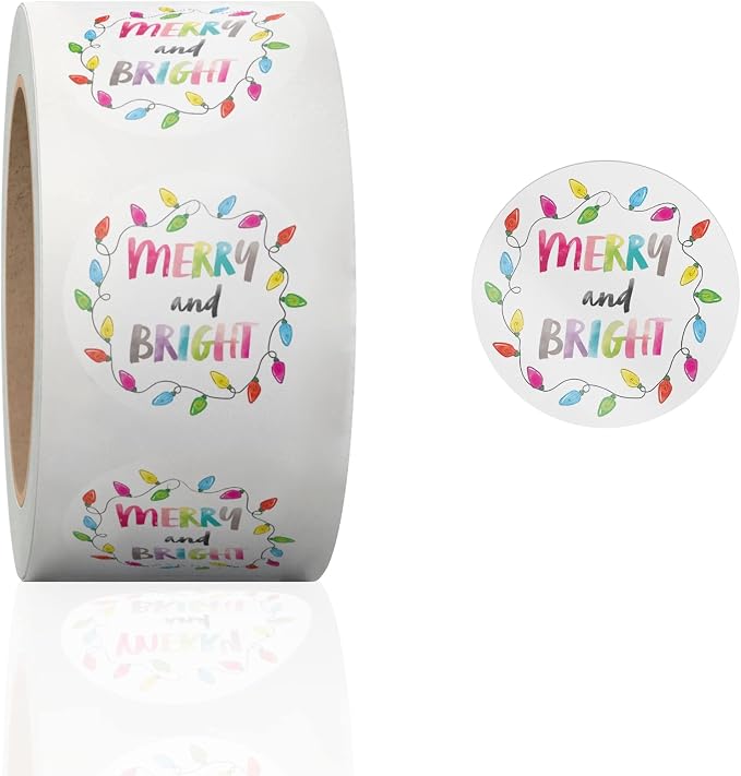 1.5 Inch Round 500 Count Merry and Bright Christmas Perforated Roll Stickers - Thank You Labels for Favors - Packing Thank You Stickers for Small Business Store Owners