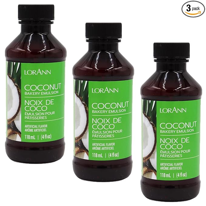 LorAnn Oils Coconut Bakery Emulsion: True Essence, Ideal for Boosting Fruit Tones in Cakes, Cookies & Desserts, Gluten-Free, Keto-Friendly, Extract Substitute Essential for Your Kitchen, 4 Oz, 3 Pack