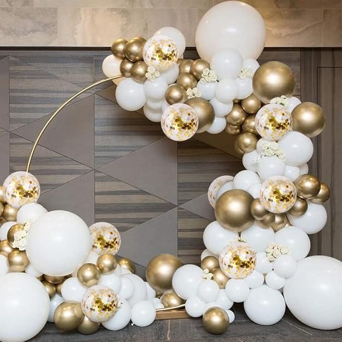 Bezente White Gold Balloons Arch Garland Kit, 100Pcs White Gold Metallic Chrome and Gold Confetti Balloons Arch for Wedding, Birthday, Engagement, Bridal Shower Special Events Party Decoration