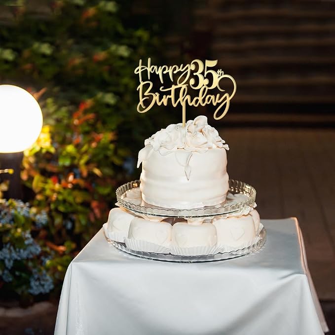 Happy 35th birthday cake Topper,Mirrored Gold Acrylic Durable Cake Topper,35th Birthday Party Cake Decorations,Hello 35th years old, Happy thirty-five years old, Birthday Party Decorations