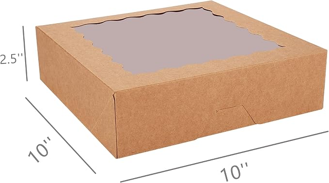 Tcoivs 30-Pack Pie Boxes 10" x 10" x 2.5", Bakery Boxes with Window, Auto-Popup Cookie Boxes for Muffins, Donuts and Pastries (Brown)
