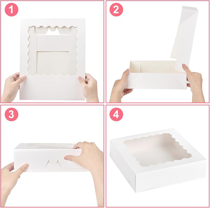 Kucoele Pie Boxes with Window, 10 x 10 x 2.5 Inches, 20 PCS, White | Auto-Popup, Bakery Boxes, Cookie Boxes, Treat Boxes, For Chocolate Strawberries, Pastries, Muffins, Donuts