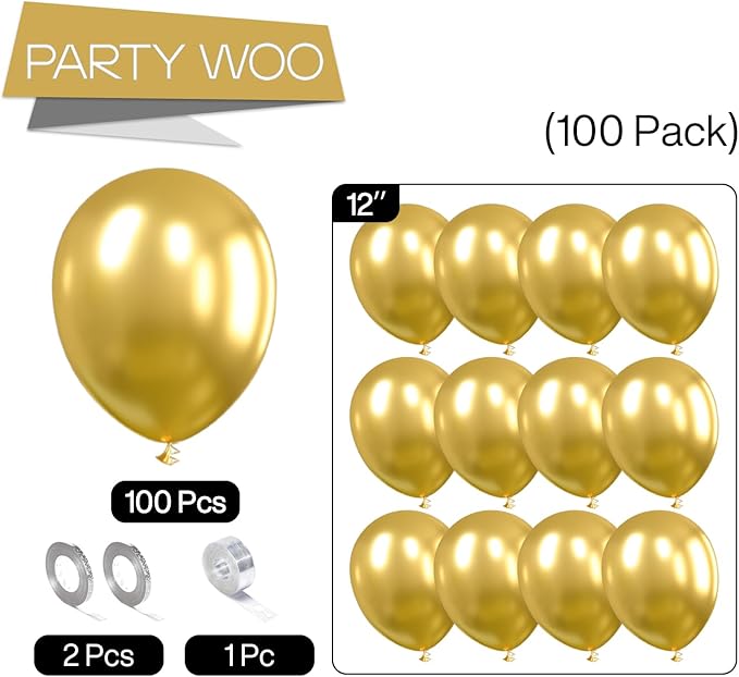 PartyWoo Gold Balloons 100pcs 12 Inch Gold Latex Helium Balloons for Birthday Wedding Anniversary Baby Shower Graduation Bachelorette Retirement Engagement Tea Casino Disco Party Decorations Gold-G101