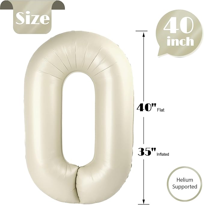Cream Number Balloon 40 Inch, Cream 0 Number Balloons, 10 20 30 40 50 Numbers Balloon Birthday Decorations, Party Supplies for Women Men