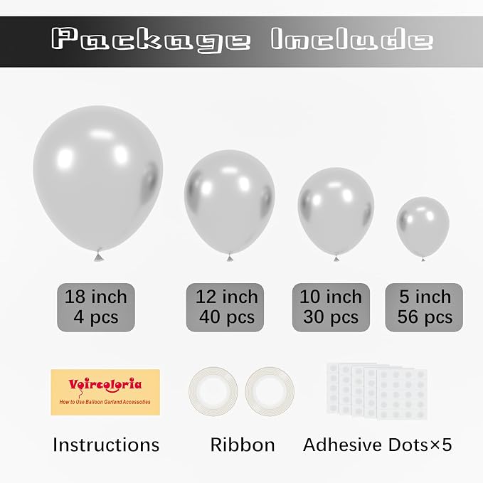 Voircoloria 130pcs Metallic Silver Balloons Different Sizes 18" 12" 10" 5" Chrome Silver Balloon Garland Arch Kit for Graduation Birthday Baby Shower Wedding Anniversary New Year Party Decorations
