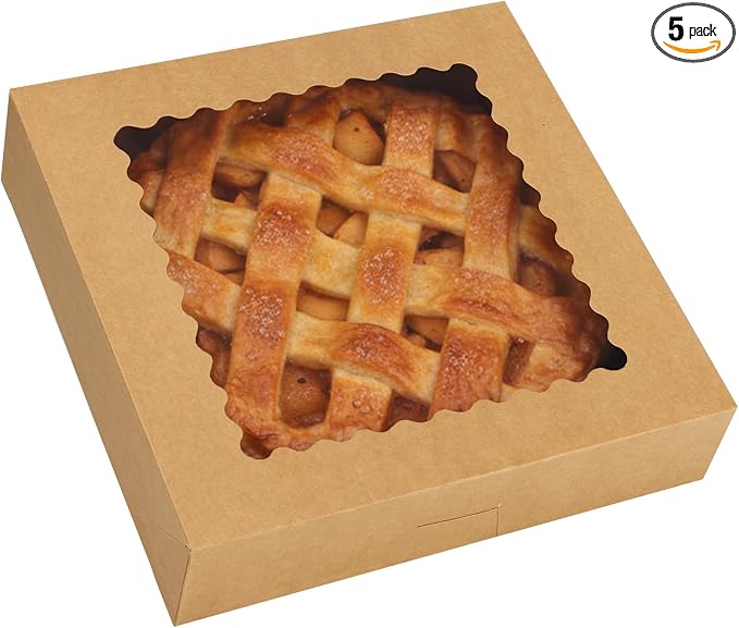 Moretoes 5pcs Pie Boxes, 10x10x2.5 Bakery Boxes with Window, Auto-Popup Brown Bakery Boxes for Pies, for Dessert, Donuts, Muffins
