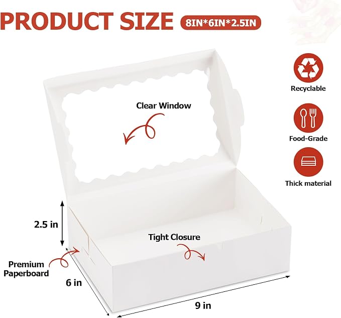 20pcs Cookie Boxes with Window, 9x6x2.5 Inches White Bakery Boxes for Dessert, Treat, Pastry, Donut, Chocolate Covered Strawberry - Baked Goods Packaging for Holiday Gift Giving