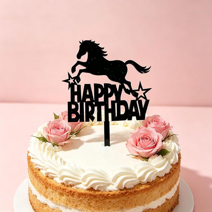 Black Acrylic Horse Happy Birthday Cake Topper, Horse Theme Party Decoration for Boys, Girls, Men, Women & Kids Birthday Party Decoration Supplies (Design1)